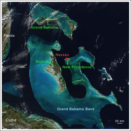 The shallow waters around The Bahamian Islands can be seen clearly