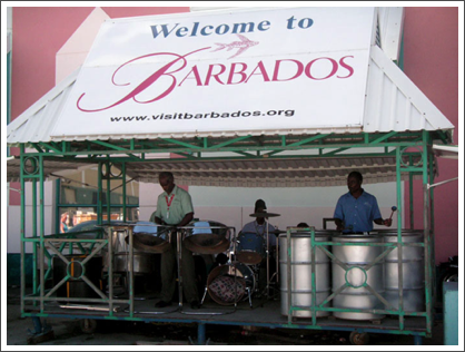 Welcome to Barbados, with a steel drum band