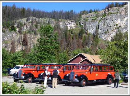GLACIER NATIONAL PARK—A fleet of restored 1930s White Motor Company coaches, called Red Jammers, offers tours on all the main roads in the park